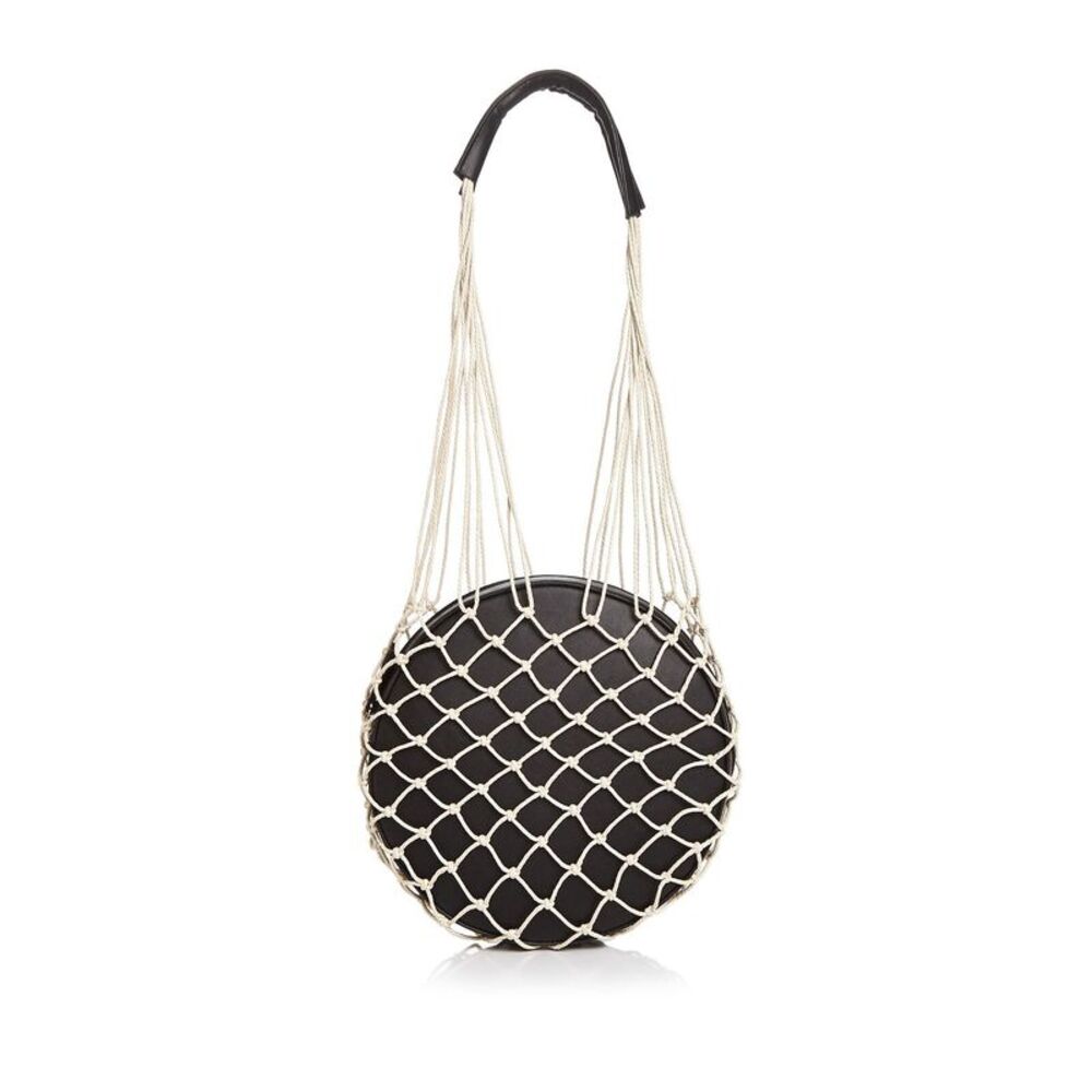 NWT AQUA Women's Black Faux Leather Double Flat Strap Round Handbag Purse